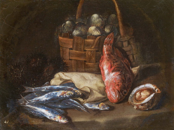 Stillleben mit Rotbarsch, Sardinen, Seeigel und Meeresfrüchtekorb