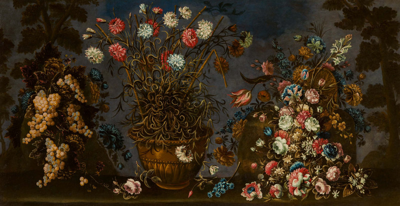 Still Life with Lush Bouquets of Flowers and Fruits