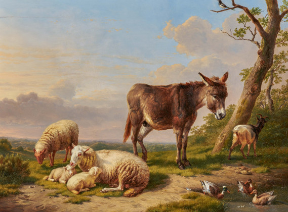 Weite Landschaft mit Schafen, Enten und einem Esel