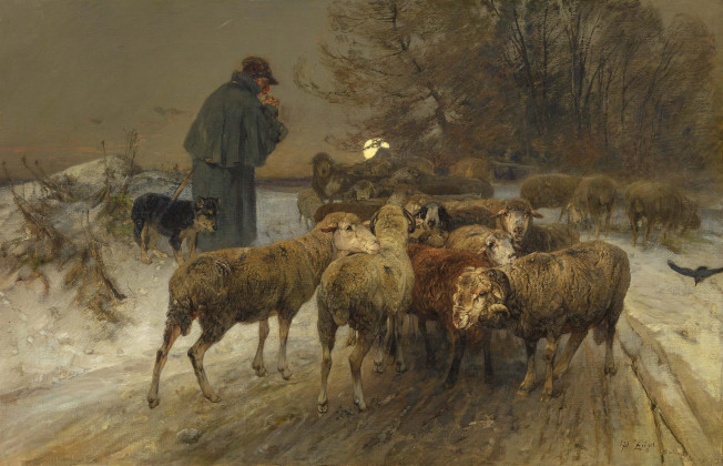 Winterabend mit Hirten und seiner Herde am Waldrand