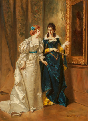 Zwei elegante Damen im Museum vor einem Gemälde