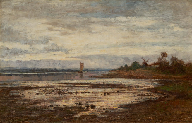 River Landscape with Boat and Windmill