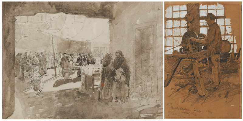 Konvolut aus zwei Zeichnungen: "Markt in Chioggia" und "Schleifer"