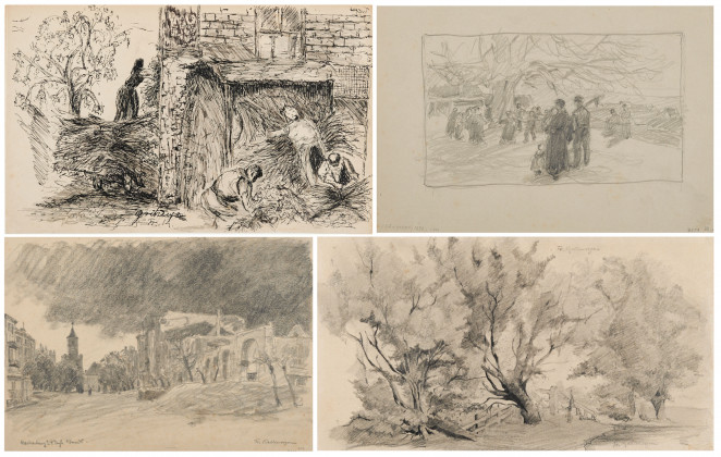Konvolut aus 4 Zeichnungen: "Grötzingen" (Ernte), "Königsbach" (Kinderreigen), "Baumreihe am Zaun" und "Marienburg"