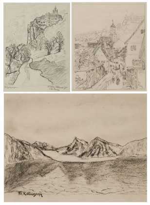 Konvolut aus 3 Zeichnungen: "Schloss Werenwag", "Harburg in Schwaben" und "Spitzbergen"