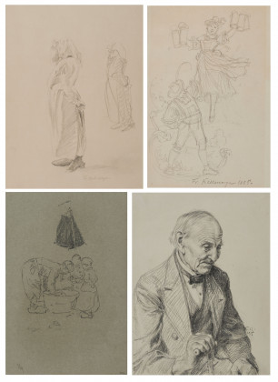 Konvolut aus vier Zeichnungen: Alter Mann; Studie aus Volendam mit Segelboot und Kindern; Hofbräuhaus; Studie aus Volendam mit stehender Frau