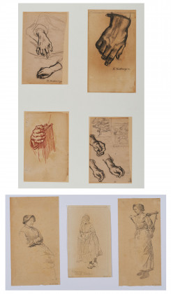 Konvolute aus mehreren Figurenskizzen: Vier Studienblätter zu Händen und Fingern; Drei Studienblätter mit Mädchen in Tracht (