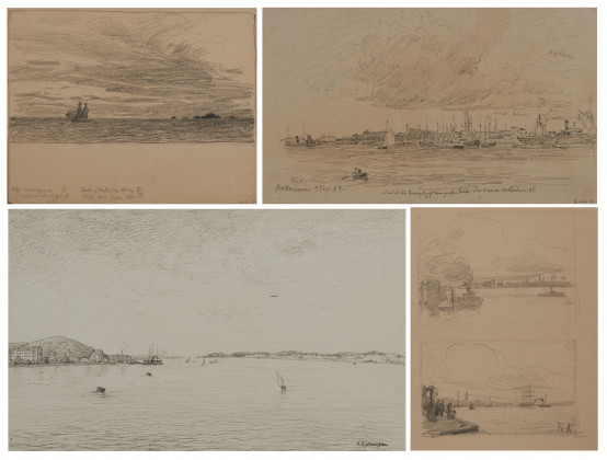 Konvolut aus 4 Zeichnungen: "Seenlandschaft", "Rotterdam", zwei Skizzen des Hamburger Hafens, "Zweimaster"