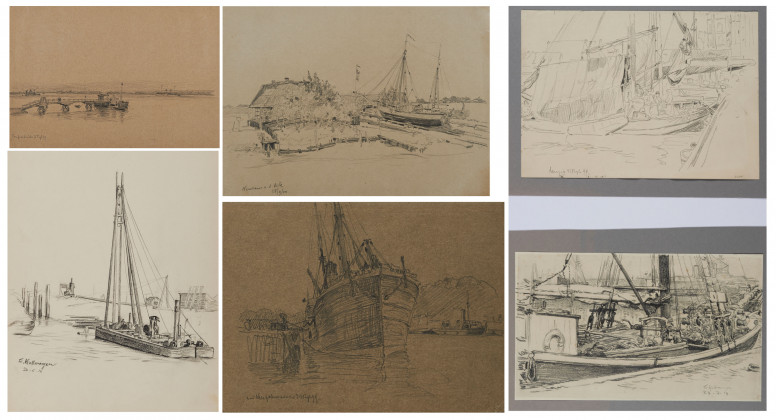 Konvolut von 5 Zeichnungen: "Teufelsbrücke"; "Segelboot Anleger"; "Bei Neufahrwasser"; Konvolut von zwei Skizzenblättern: "Segelboote"; "Neuhaus an der Oste"