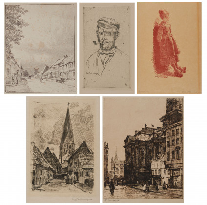 Konvolut aus 5 Druckgraphiken: "Neuhaus an der Elbe", "Holländischer Bauer", "Kinderstudie", "Lüneburg" und "Michaeliskirche, Hamburg"