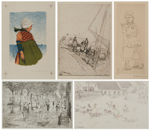 Konvolut aus 5 Druckgraphiken: "Holländisches Fischermädchen", "Hafenarbeiter", "Amsterdamer Straße bei Regen", "Gänse auf dem Bauernhof" und "Volendamer Fischerkind mit Puppe"