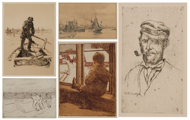 Konvolut aus 4 Druckgraphiken und einer Zeichnung: "Der erste Schnee", Im Hafen, "In Erwartung der Fischerboote", "Holländischer Bauer" und "Italienischer Schiffer"