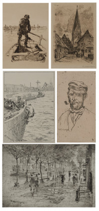 Konvolt aus 5 Drucken: "Italienischer Schiffer", "Amsterdamer Straße bei Regen", "Der College", "Holländischer Schiffer" und "Aus Lüneburg"