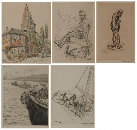 Konvolut aus 4 Druckgraphiken und einer Handzeichnung: "Der College", "Aus einem fränkischen Städtchen", "Jan der Spassmacher", "Der Bettler" und "Hafenarbeiter"