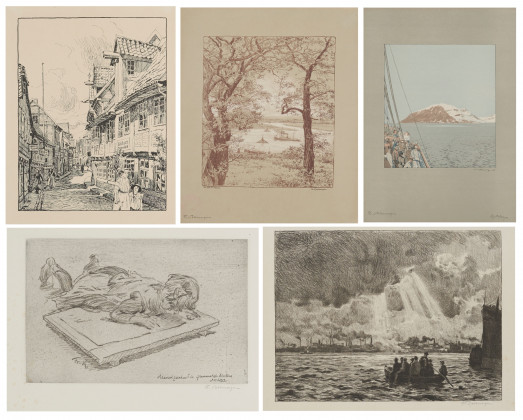 Konvolut aus 5 Druckgraphiken: "Die Elbe bei Altona", "Spitzbergen", "Mausi zeichnet in Großvaters Atelier", "Sonnenglanz" und Straßenansicht
