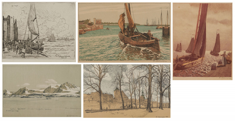Konvolut aus 4 Lithographien und einer Radierung: "Stade II", "Ausfahrt der Fischerboote", "Heimkehr", "Belsund" und "Altonaer Fischmarkt"
