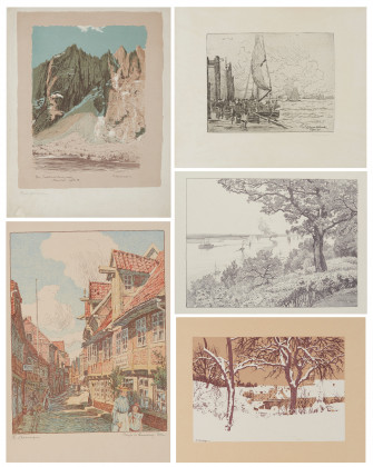 Konvolut aus 5 Druckgraphiken: "Winter in Grötzingen", "Blick aus Heidmann's Garten auf die Elbe" (?), "Romsdal, Hexenzinnen", "Straße in Lauenburg" und "Altonaer Fischmarkt"