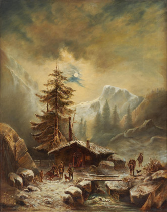 Jäger vor der winterlichen Jagdhütte