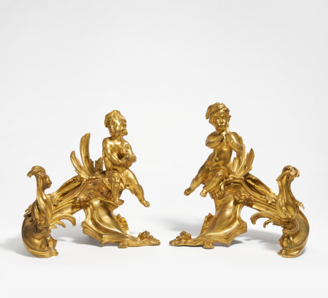 Pair of large andirons with putti with instruments Style Louis XV