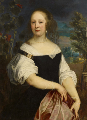 Porträt einer Dame mit Perlschmuck vor Landschaftshintergrund