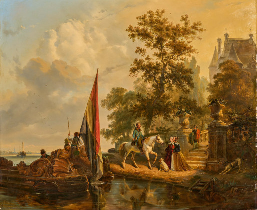 Königliche Barke am Scheldeufer vor einem Schloss