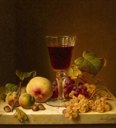 Still Life with Vine Flowers, Grapes, Peach and a Red Wine Glass