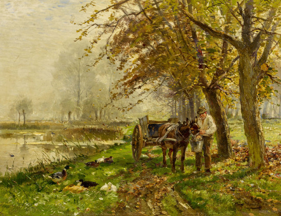 Bauer mit Eselkarren am Ufer