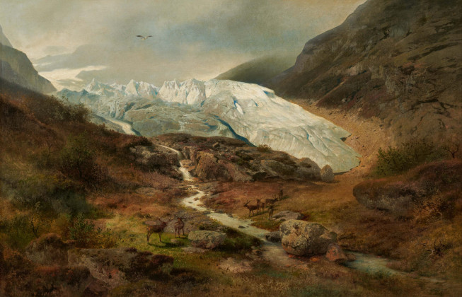 Gletscherlandschaft mit Hirschen und Adler