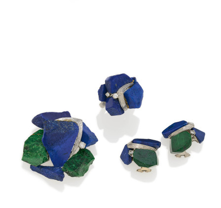 Lapis Lazuli-Diamond-Set: Brooch, Ring and Ear Clip Ons