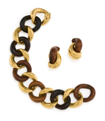 Gold-Wood-Set: Bracelet and Ear Clip Ons