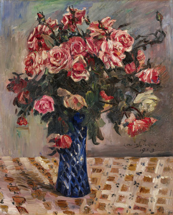 Stillleben - Rote und rosa Rosen in Vase auf Tischtuch (Blumen)