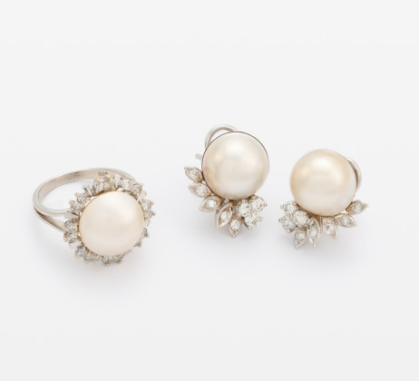 Pearl-Diamond-Set: Ring and Ear Stud Clips