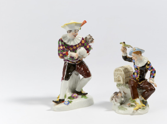 Harlekin mit Vogelbauer und Harlekin mit Mops aus der Commedia dell'Arte