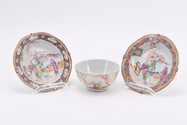 Tea bowl and two plates Famille rose