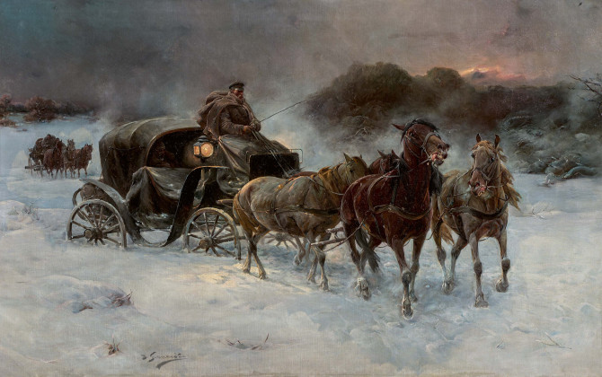 Horse-Drawn Carriages on a Winter Evening