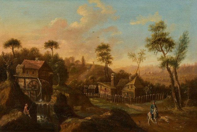 Landschaft mit Wassermühle und Reiter