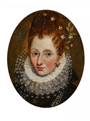 Porträt einer vornehmen Dame mit kostbarer Spitzenhalskrause und Blumen im Haar