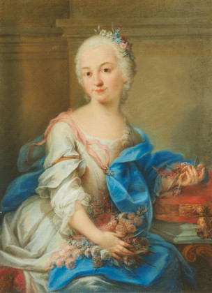 Dreiviertelporträt einer Dame mit Blumenbouquet