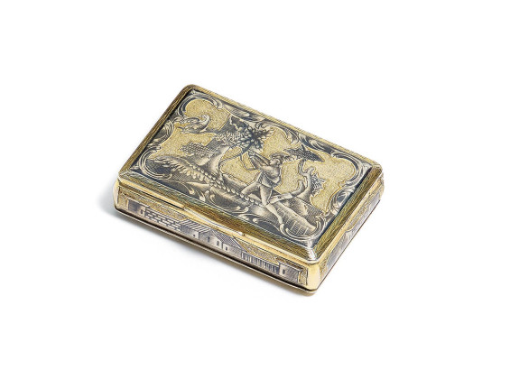 Small box with hunting scene and architectural landscape