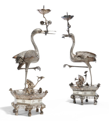 Pair of magnificent candelabra with cranes