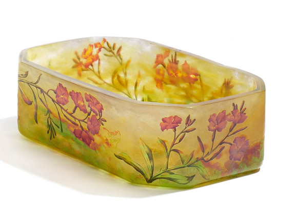 GLASS JARDINIERE WITH FLORAL DECOR
