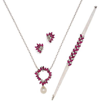 Ruby-diamond set: necklace, ear studs/clips and bracelet