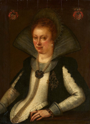 Porträt von Anna Catharina Waldbott von Bassenheim zu Gudenau (1587 - 1666) im weißen Mieder und schwarzem Mantel nebst kostbarem Perlenschmuck