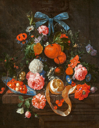Stillleben mit Orangen, Rosen und Blumen auf einem Steinvorsprung mit Beeren in einer Wanli-Schale, einer geschälten Zitrone, Kirschen und Stachelbeeren