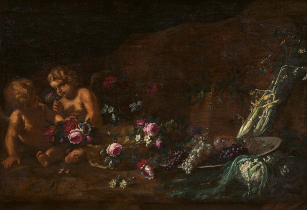 Still Life with Flower Basket, Grapes and Cherubs