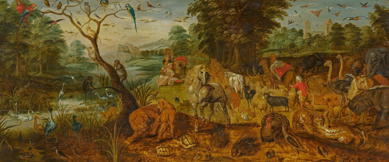 Paradieslandschaft mit Einzug der Tiere in die Arche Noah