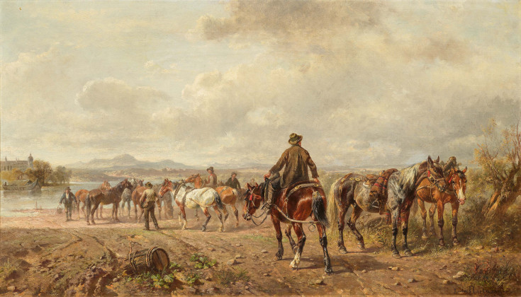 Landmänner mit einer Herde Pferde an der Furt