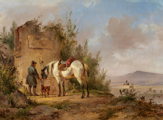 Reiter mit seinem Pferd am Brunnen