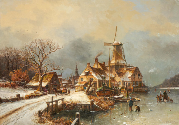 Holländisches Dorf am zugefrorenen Fluss