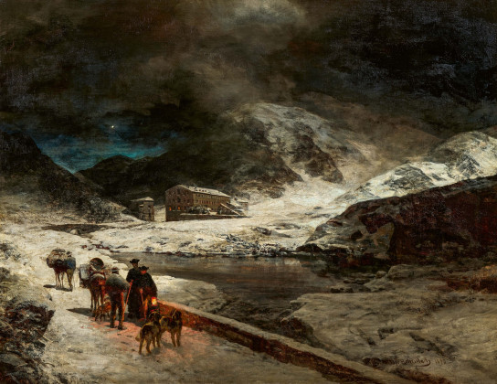 Reisende in winterlicher Nacht auf dem Großen St. Bernhard-Pass